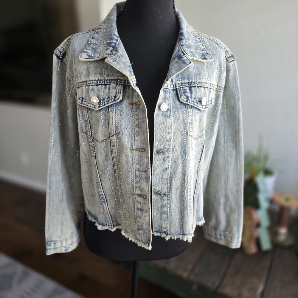 Women's Cropped Blue Jean Jacket With Rhinestones